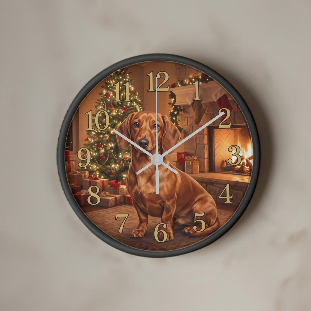 Dachshund Wooden Clock – "Christmas Fireside" Chocolate Wall Clock