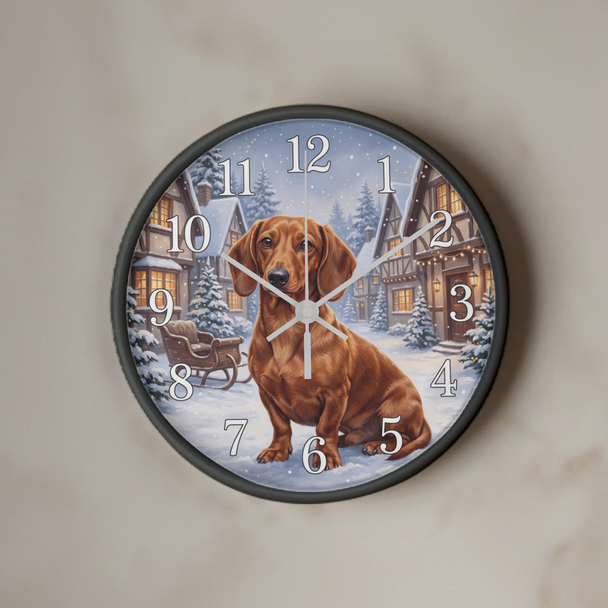 Dachshund Wooden Clock – "Snowy Village" Red Wall Clock