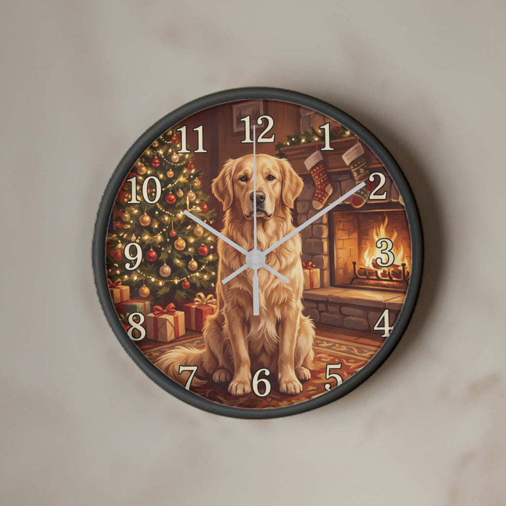 Golden Retriever Wooden Clock – "Christmas by the Fire" Wall Clock