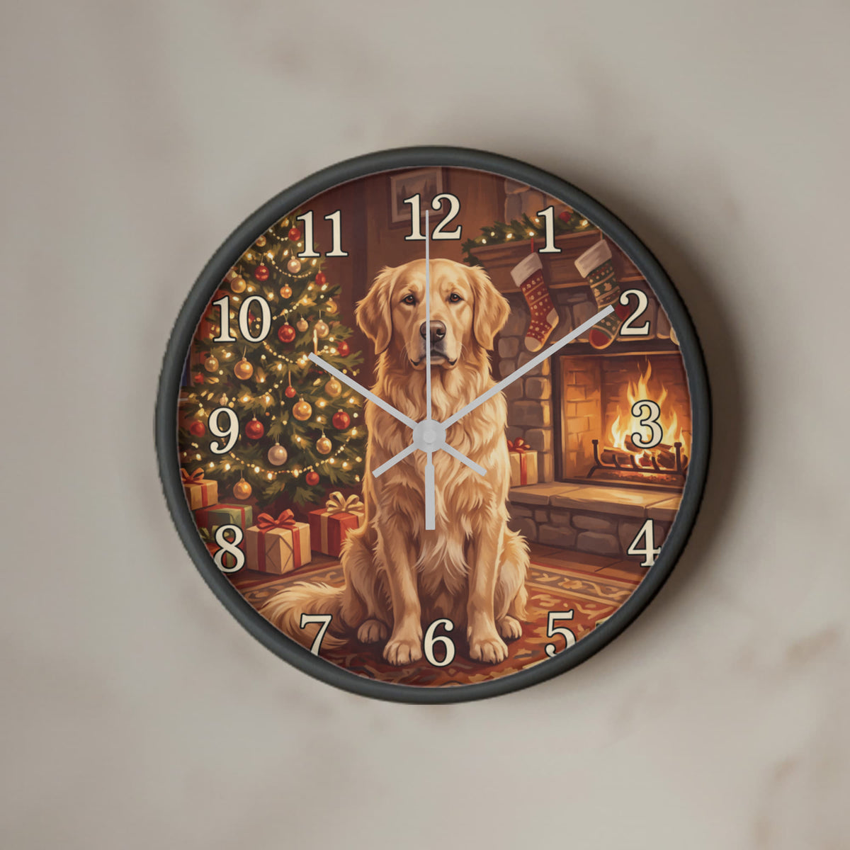 Golden Retriever Wooden Clock – "Christmas by the Fire" Wall Clock