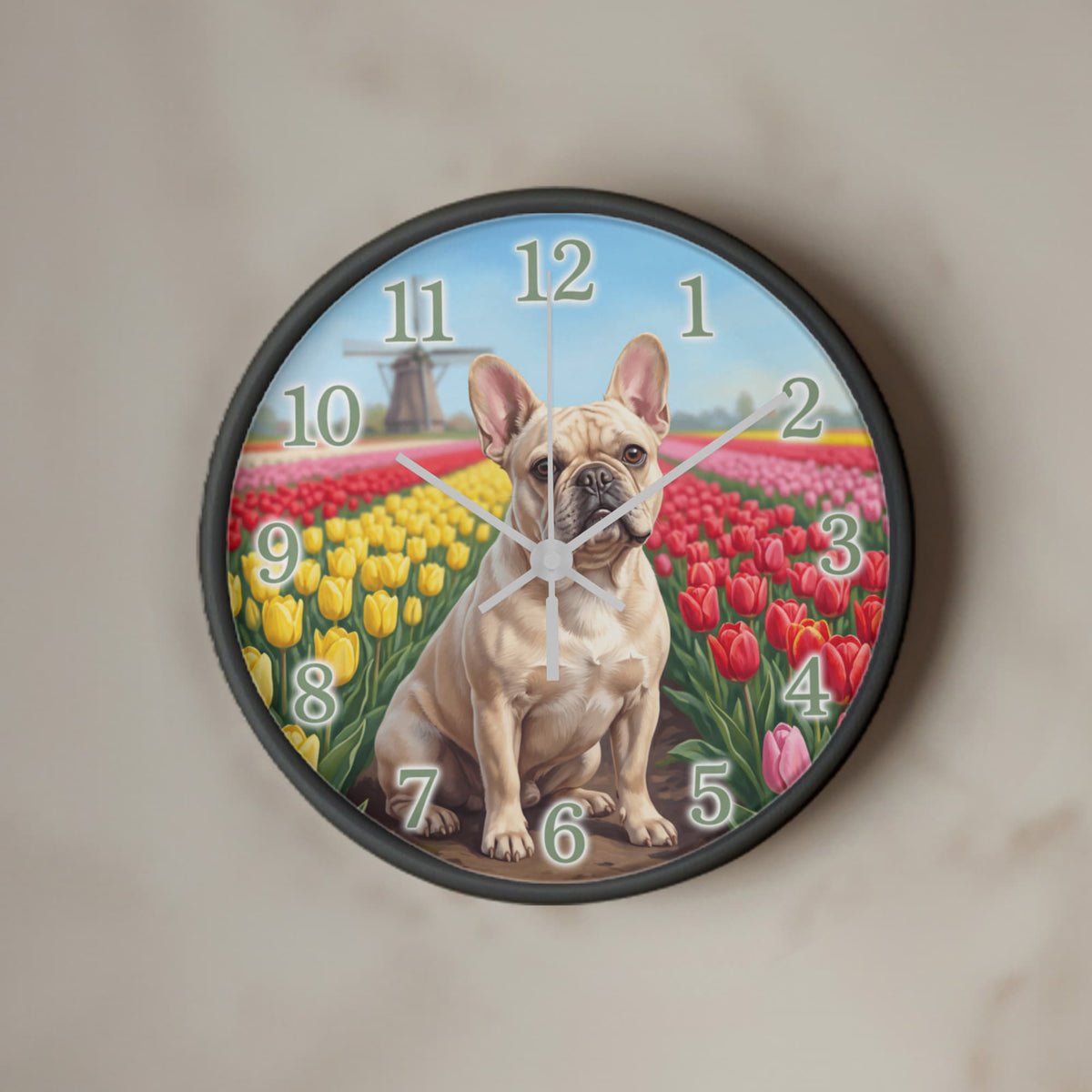 French Bulldog Wooden Clock – "Tulip Field" Wall Clock