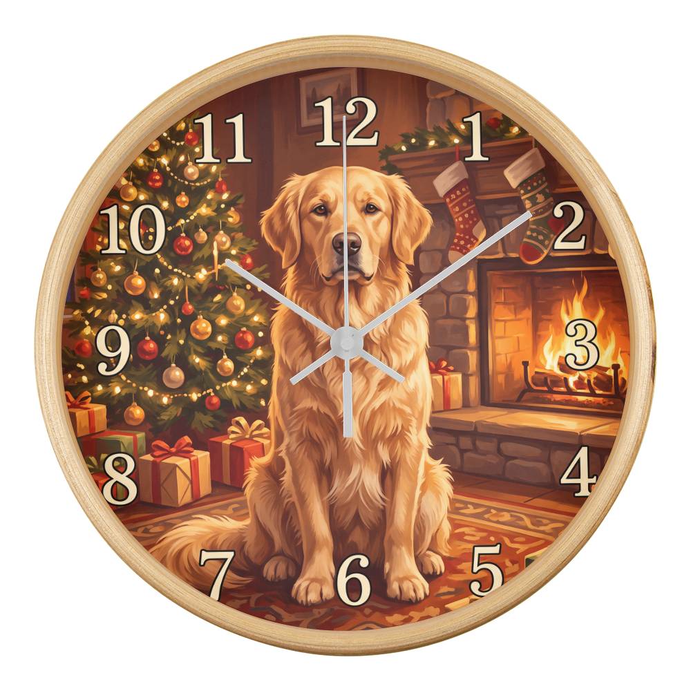 Golden Retriever Wooden Clock – "Christmas by the Fire" Wall Clock