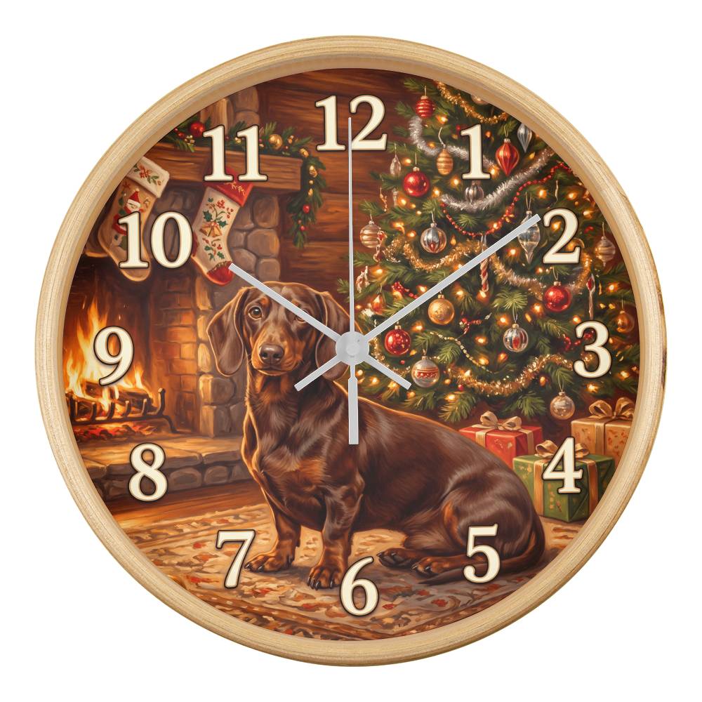 Dachshund Wooden Clock – "Warm Christmas Fireside" Wall Clock