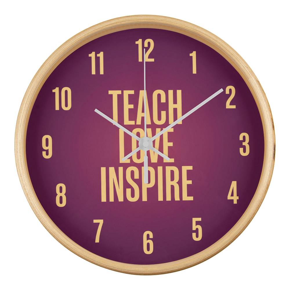 Teacher Wooden Clock – "Teach Love Inspire" Bold Gold Wall Clock
