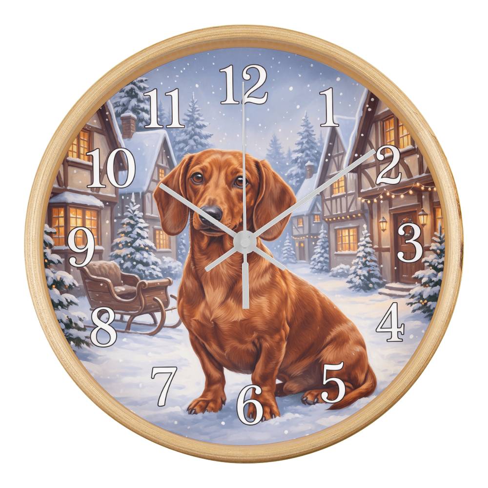 Dachshund Wooden Clock – "Snowy Village" Red Wall Clock