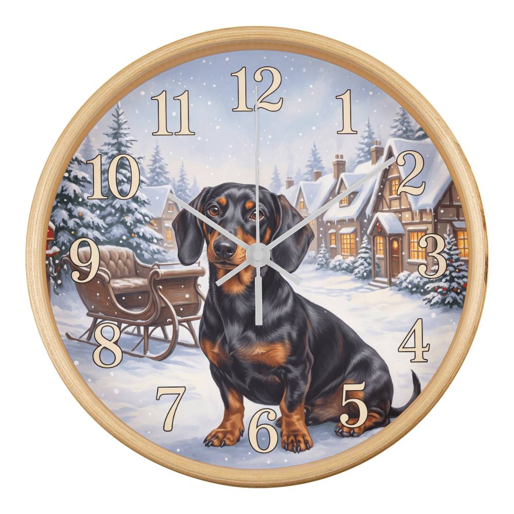 Dachshund Wooden Clock – "Snowy Village" Black & Tan Wall Clock