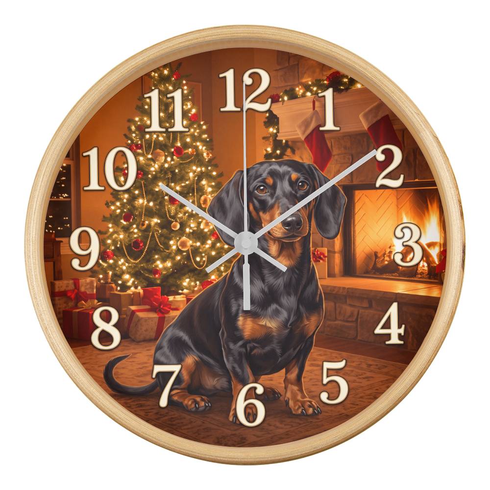 Dachshund Wooden Clock – "Christmas Fireside" Red Wall Clock
