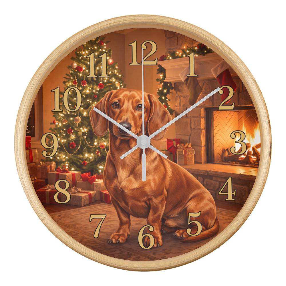 Dachshund Wooden Clock – "Christmas Fireside" Chocolate Wall Clock