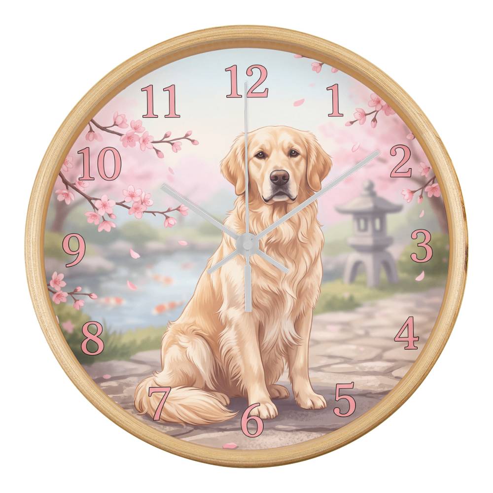 Golden Retriever Wooden Clock – "Cherry Blossom Garden" Wall Clock