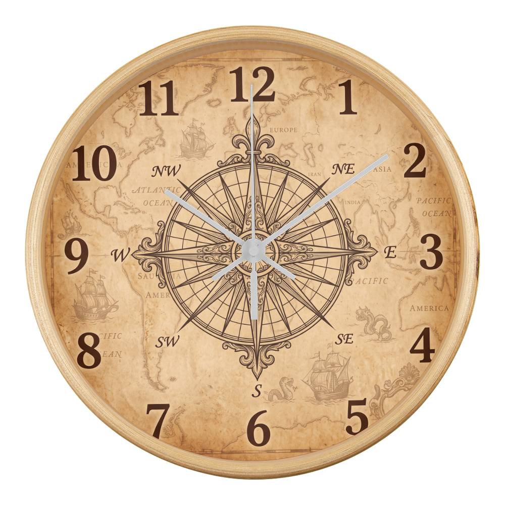 Teacher Wooden Clock – Vintage Compass Map Wall Clock