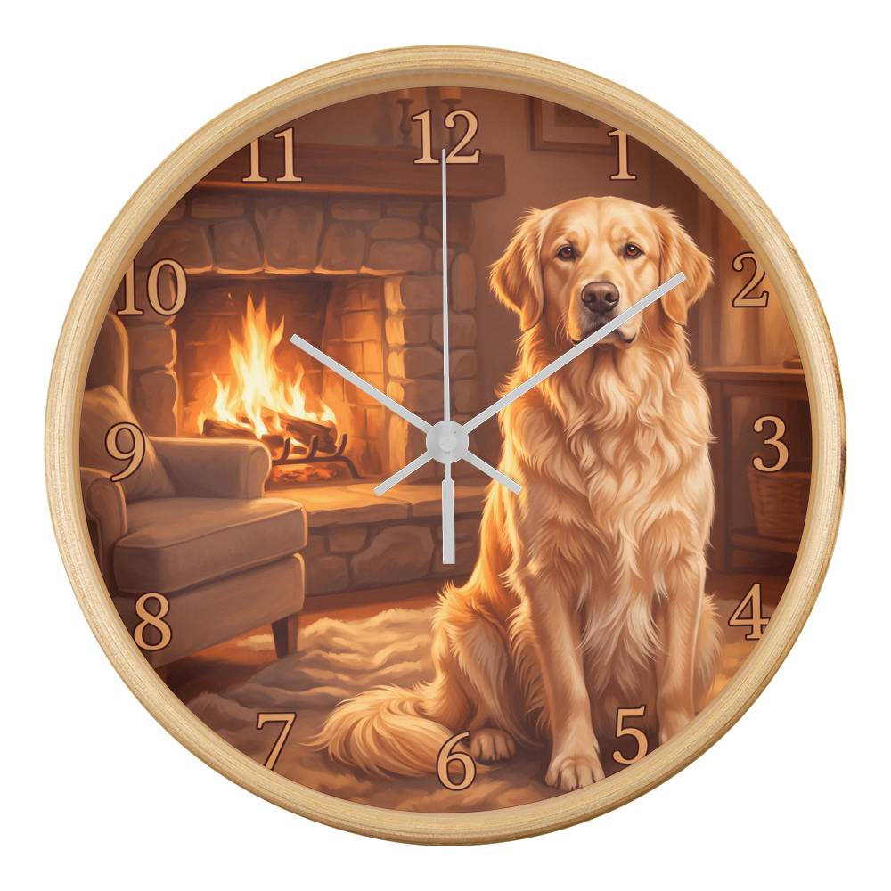 Golden Retriever Wooden Clock – "Cozy Fireside" Wall Clock