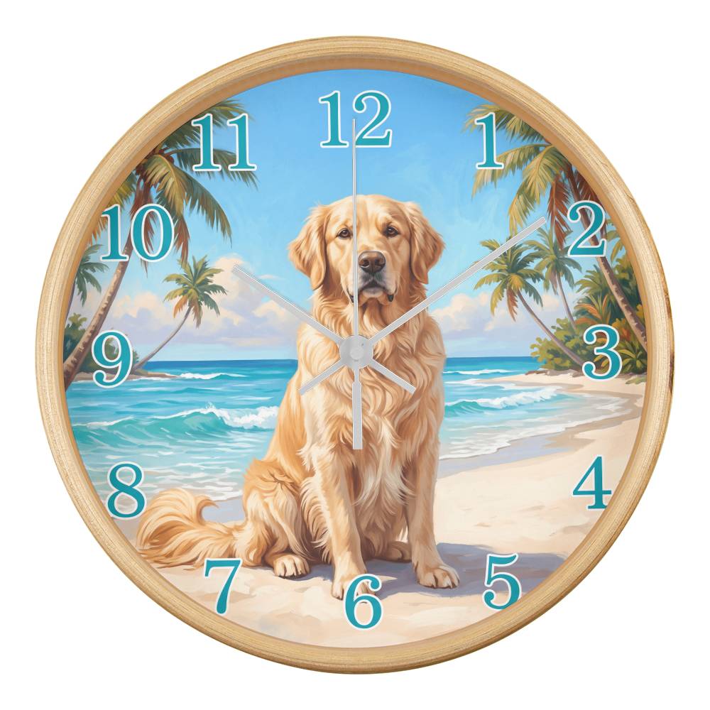 Golden Retriever Wooden Clock – "Tropical Beach" Wall Clock