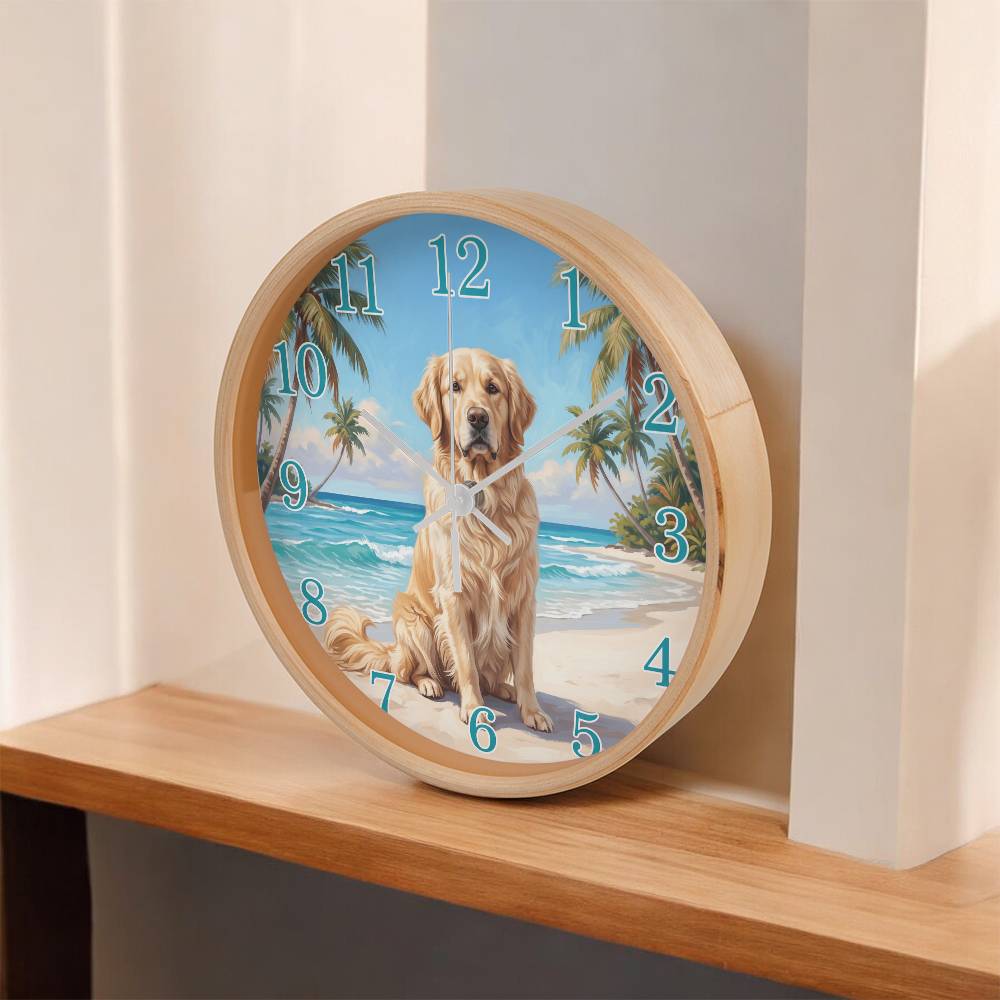 Golden Retriever Wooden Clock – "Tropical Beach" Wall Clock