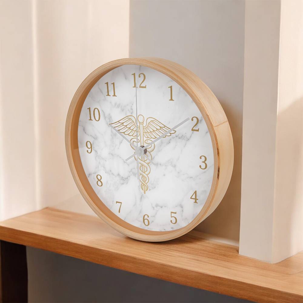 Nurse Wooden Clock – Gold Caduceus Marble Wall Clock