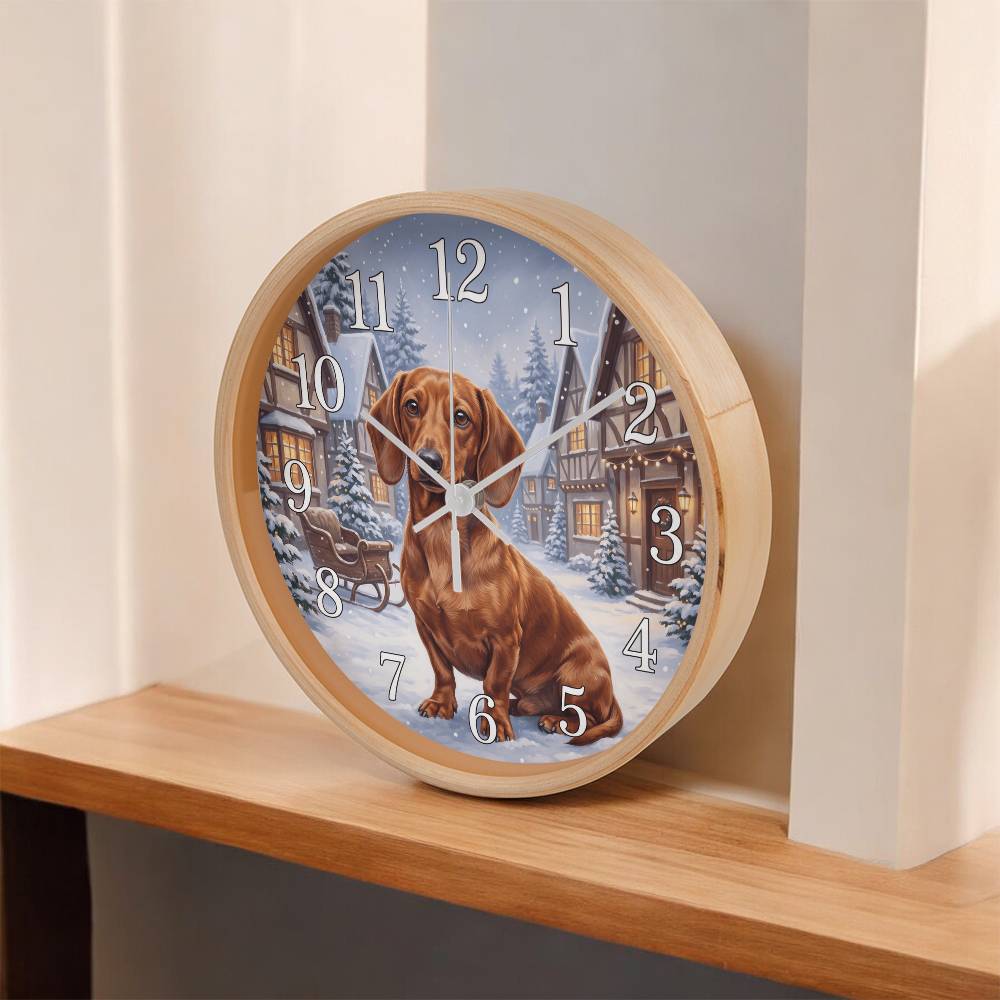Dachshund Wooden Clock – "Snowy Village" Red Wall Clock