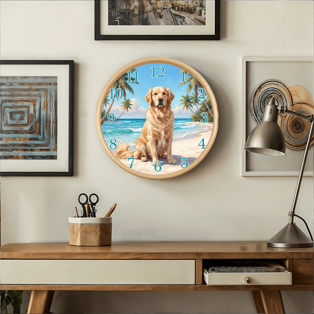 Golden Retriever Wooden Clock – "Tropical Beach" Wall Clock