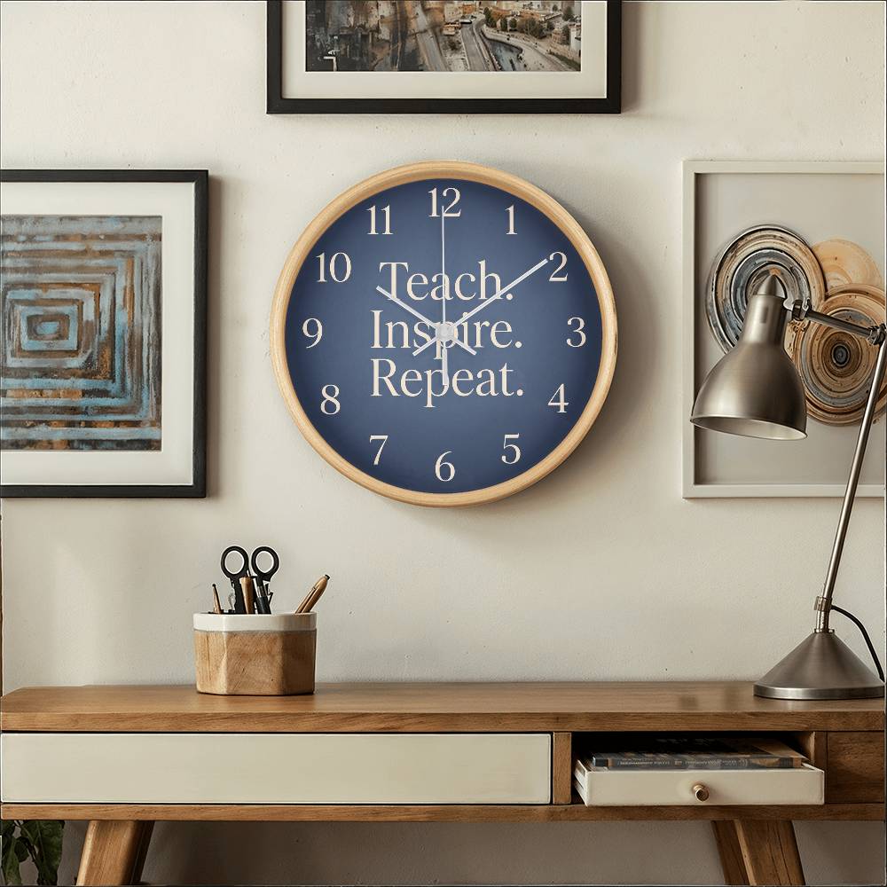 Teacher Wooden Clock – "Teach. Inspire. Repeat." Navy Wall Clock