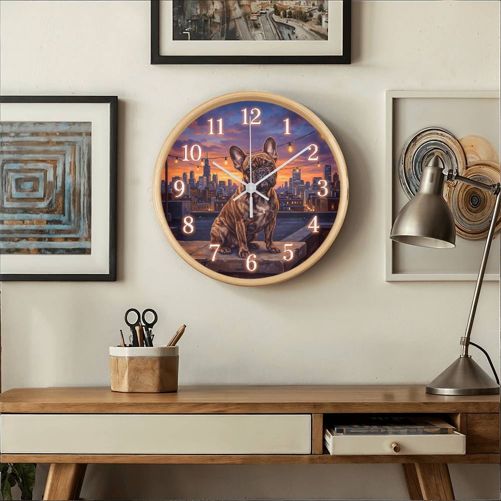 French Bulldog Wooden Clock – "City Rooftop" Wall Clock