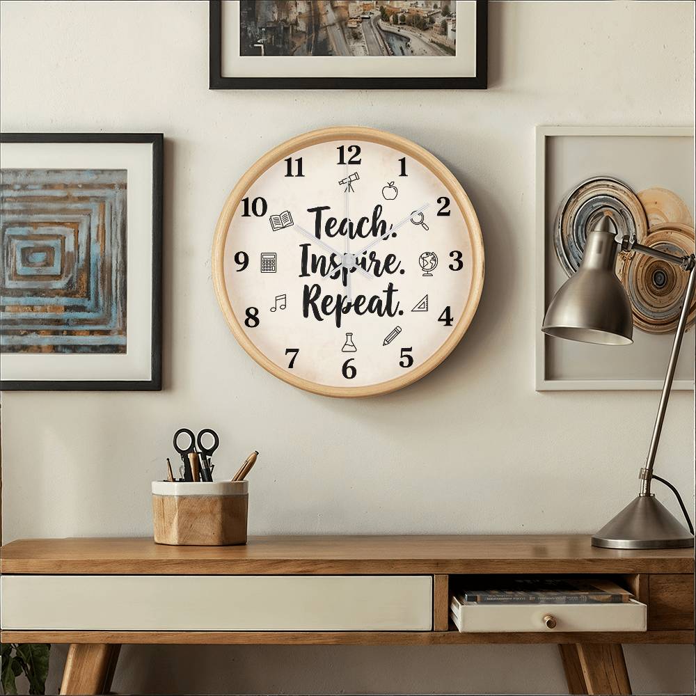 Teacher Wooden Clock – "Teach. Inspire. Repeat." Icons Wall Clock