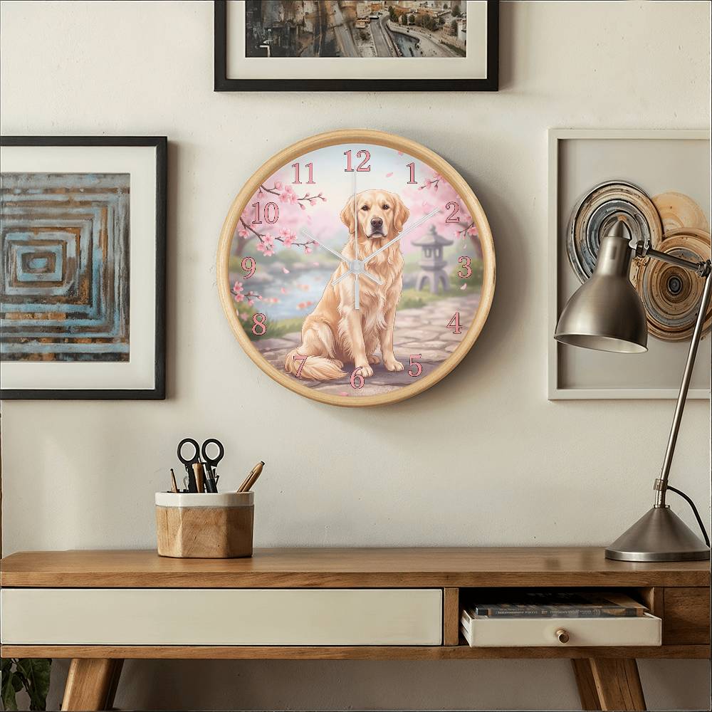 Golden Retriever Wooden Clock – "Cherry Blossom Garden" Wall Clock