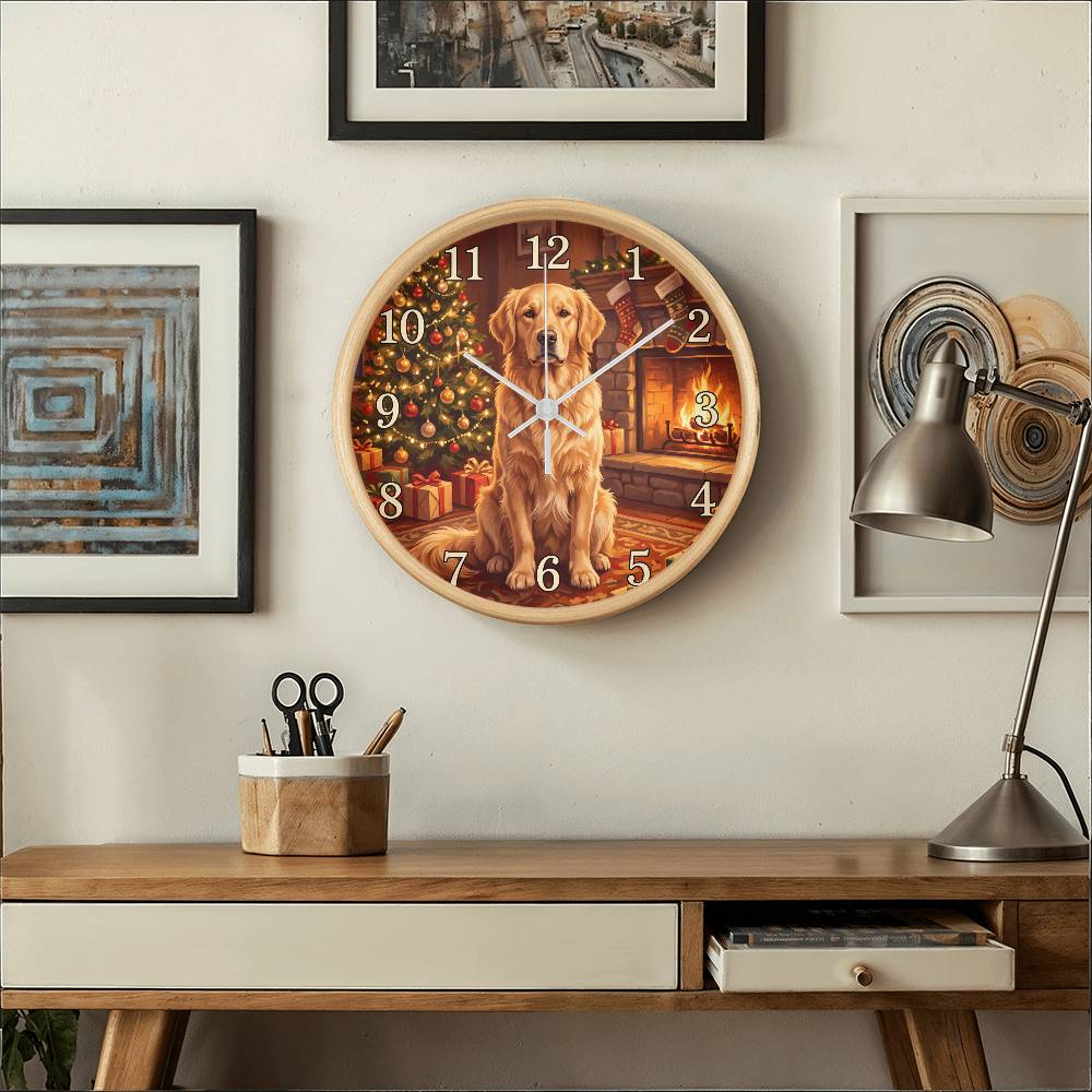 Golden Retriever Wooden Clock – "Christmas by the Fire" Wall Clock