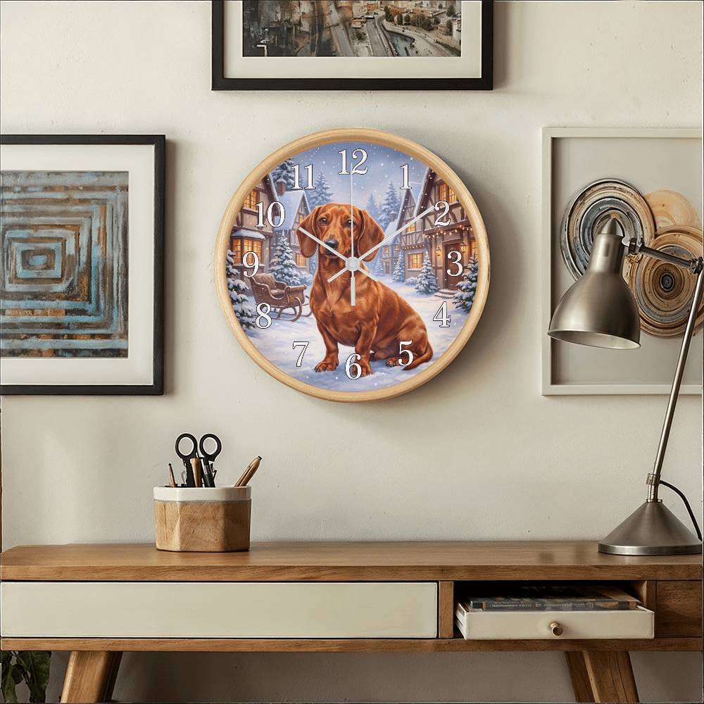Dachshund Wooden Clock – "Snowy Village" Red Wall Clock