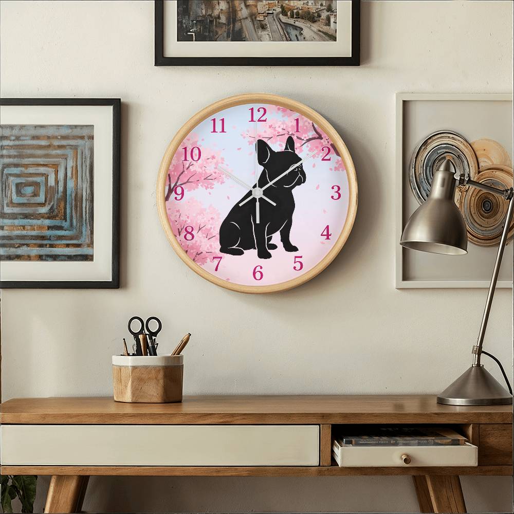 French Bulldog Wooden Clock – "Cherry Blossom" Silhouette Wall Clock