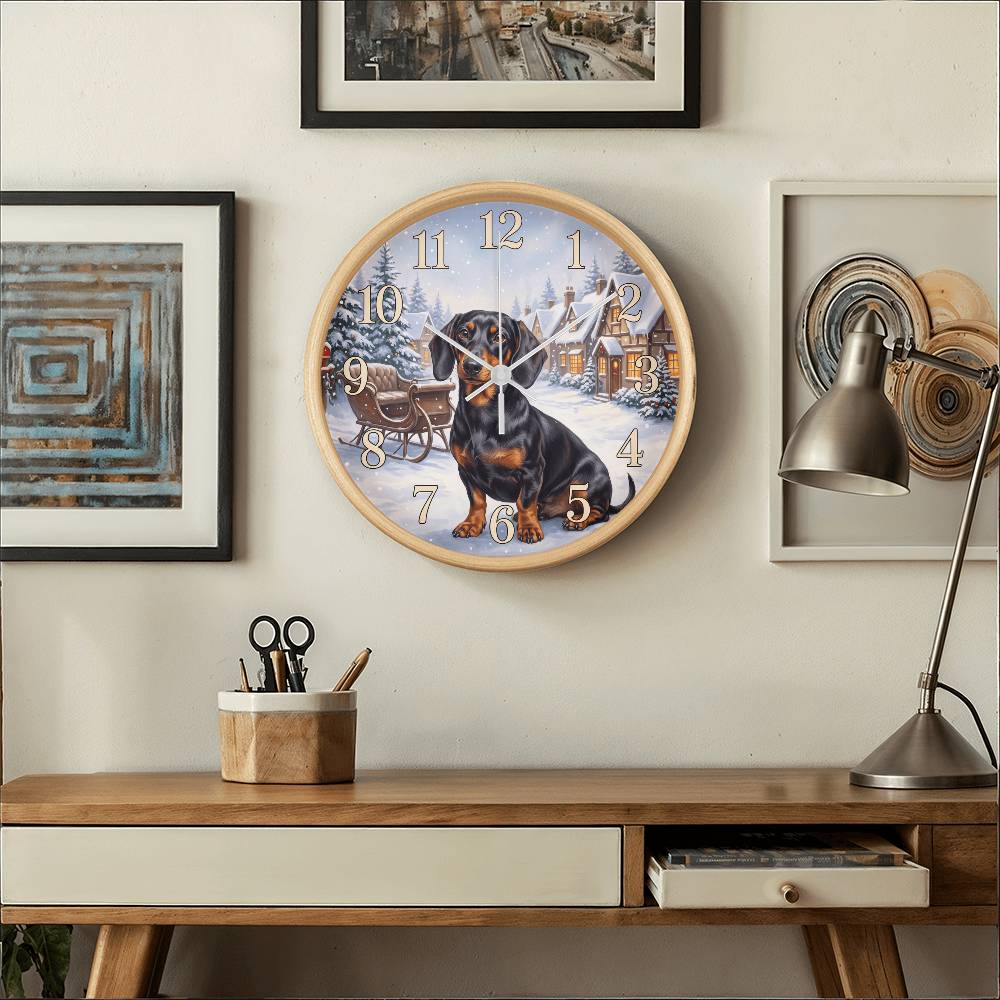 Dachshund Wooden Clock – "Snowy Village" Black & Tan Wall Clock