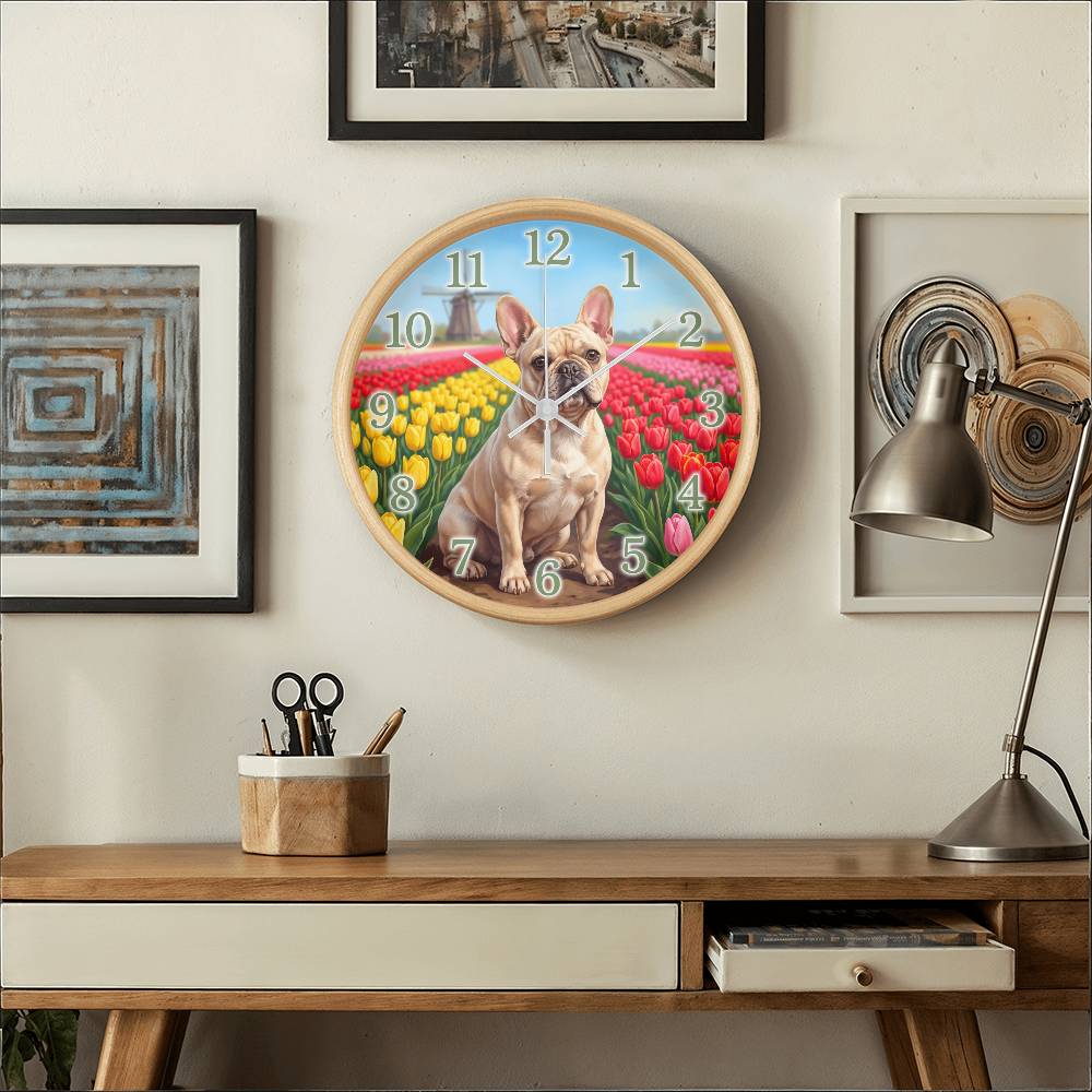 French Bulldog Wooden Clock – "Tulip Field" Wall Clock