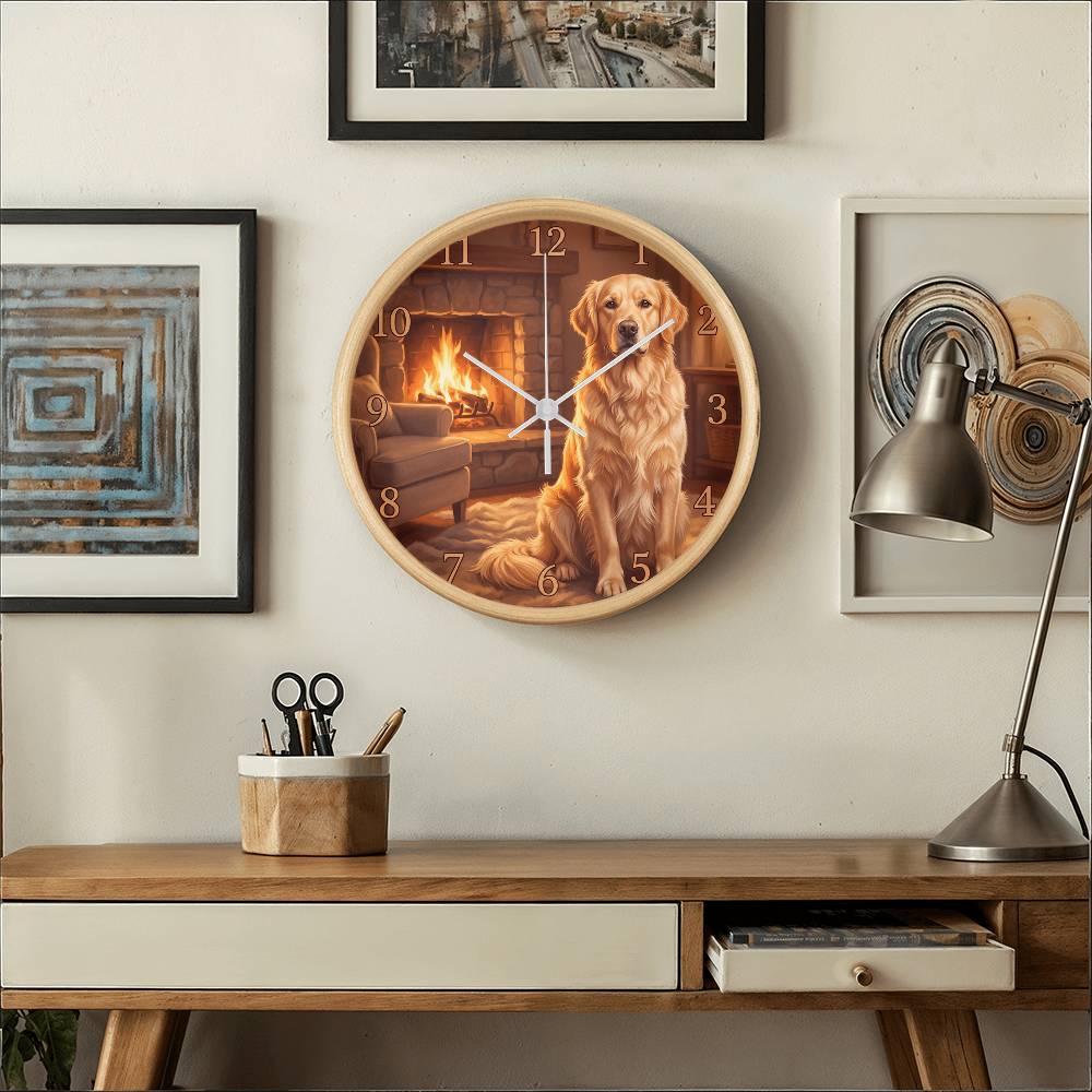 Golden Retriever Wooden Clock – "Cozy Fireside" Wall Clock