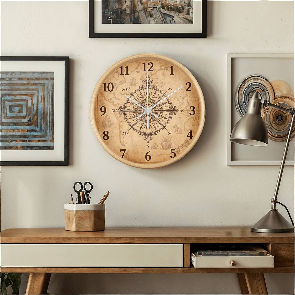 Teacher Wooden Clock – Vintage Compass Map Wall Clock