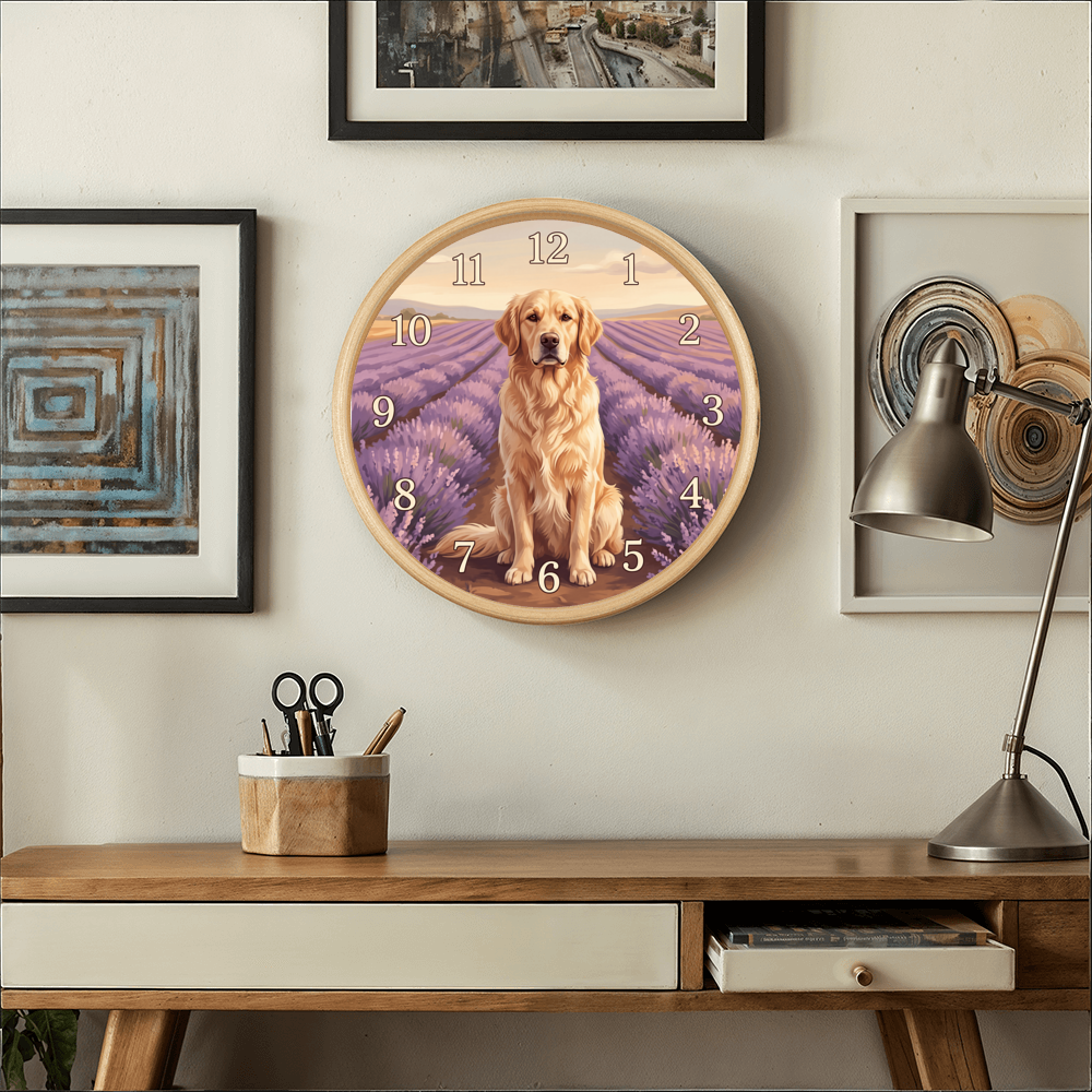 Golden Retriever Wooden Clock – "Lavender Fields" Wall Clock