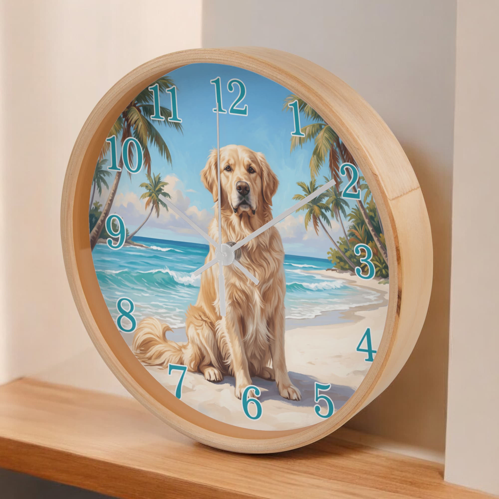 Golden Retriever Wooden Clock – "Tropical Beach" Wall Clock