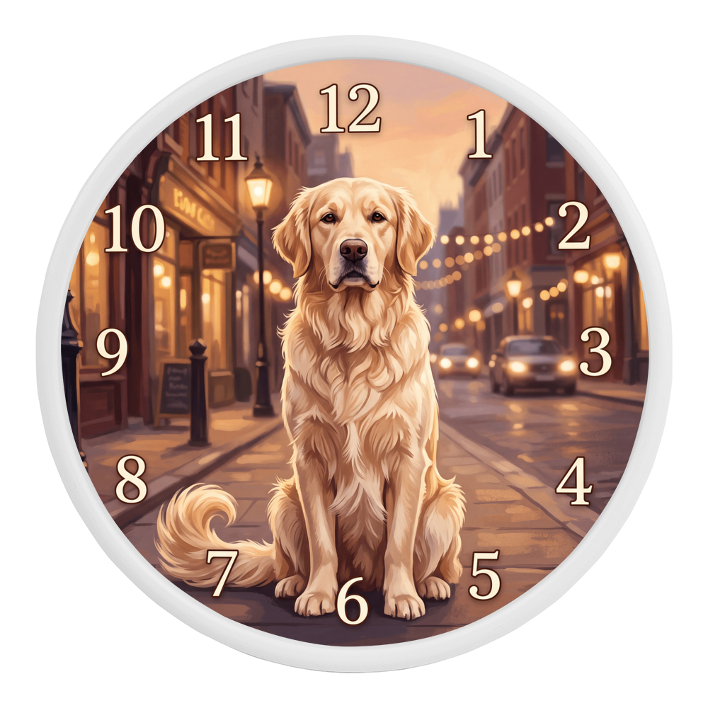 Golden Retriever Wooden Clock – "Golden Hour Street" Wall Clock