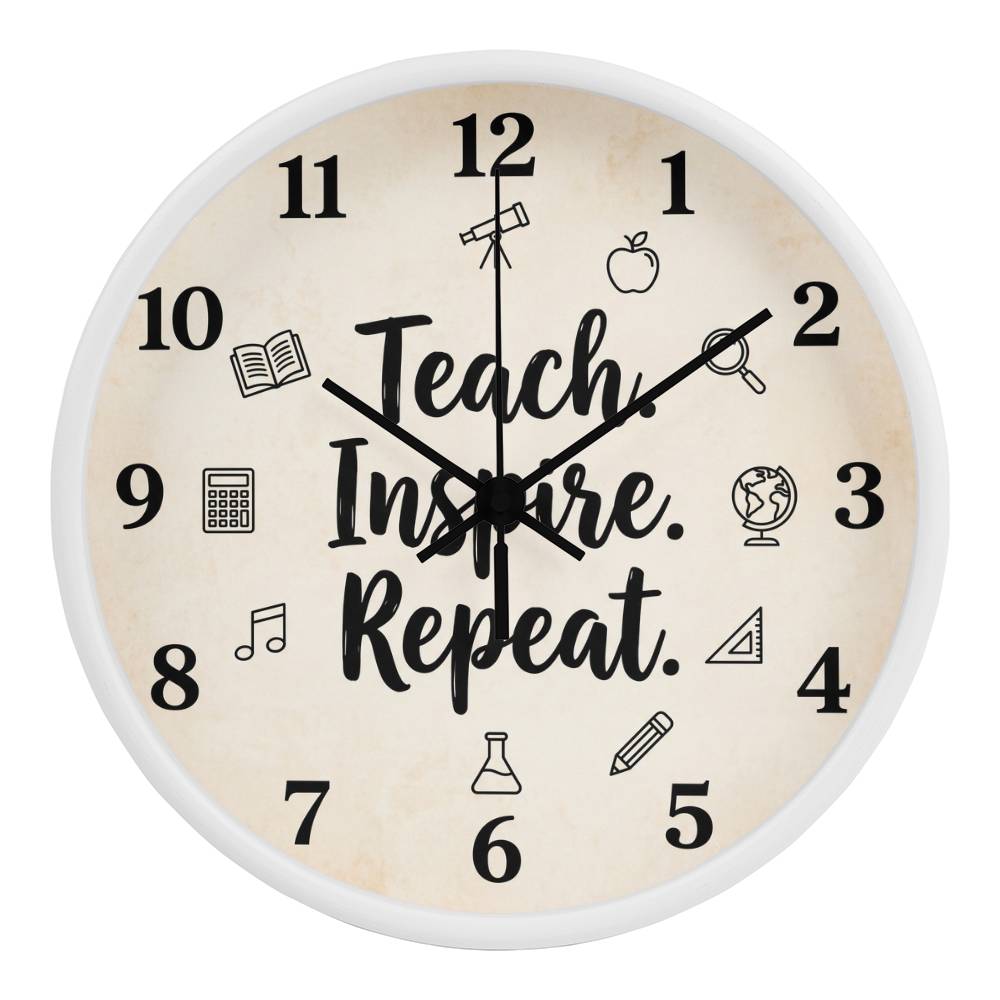 Teacher Wooden Clock – "Teach. Inspire. Repeat." Icons Wall Clock