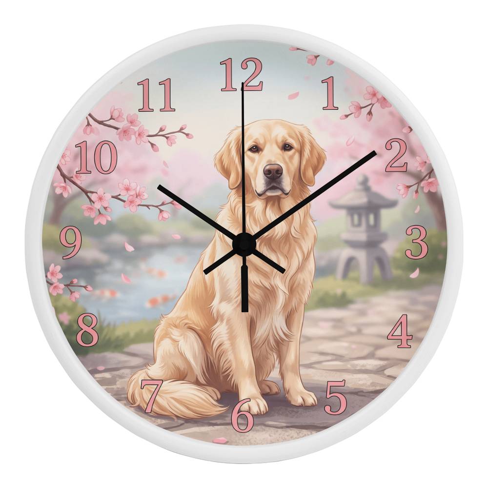 Golden Retriever Wooden Clock – "Cherry Blossom Garden" Wall Clock