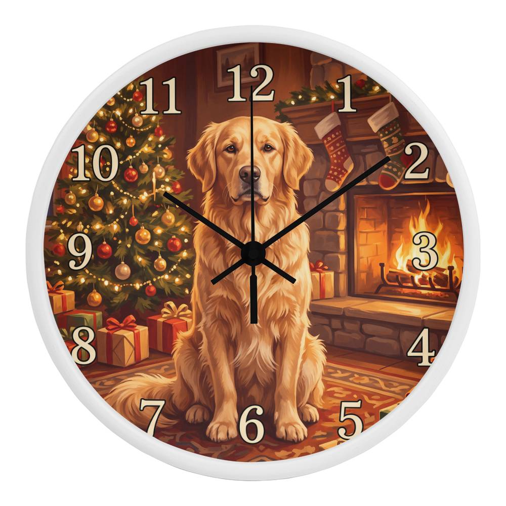 Golden Retriever Wooden Clock – "Christmas by the Fire" Wall Clock