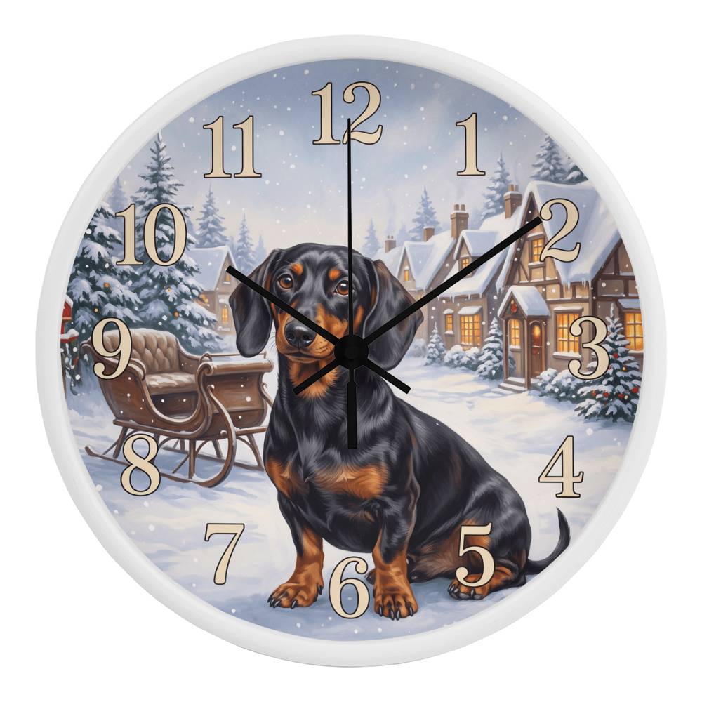Dachshund Wooden Clock – "Snowy Village" Black & Tan Wall Clock