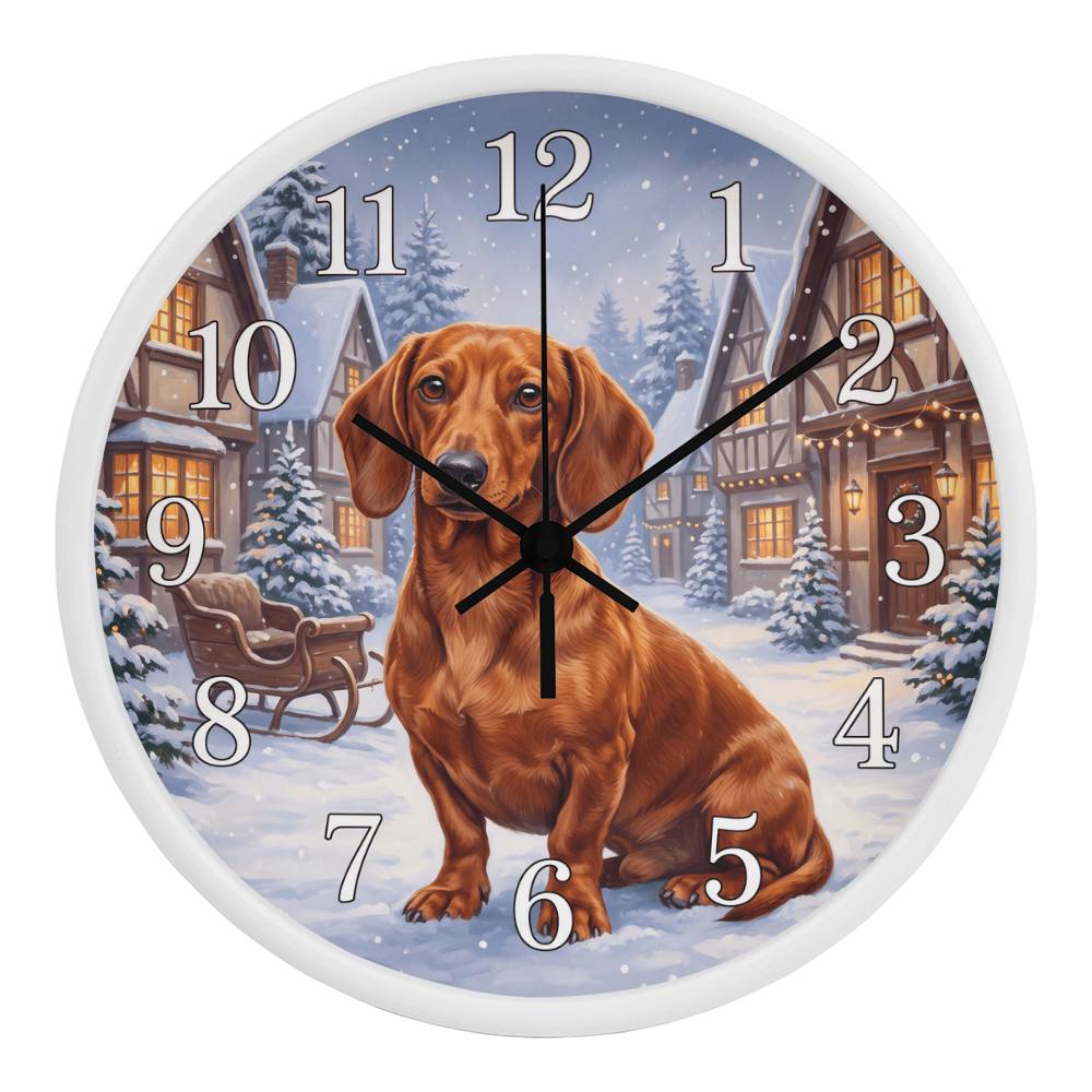 Dachshund Wooden Clock – "Snowy Village" Red Wall Clock
