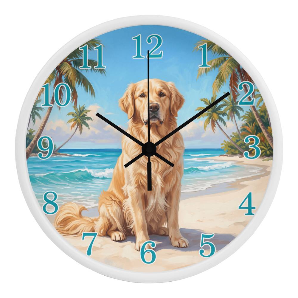 Golden Retriever Wooden Clock – "Tropical Beach" Wall Clock