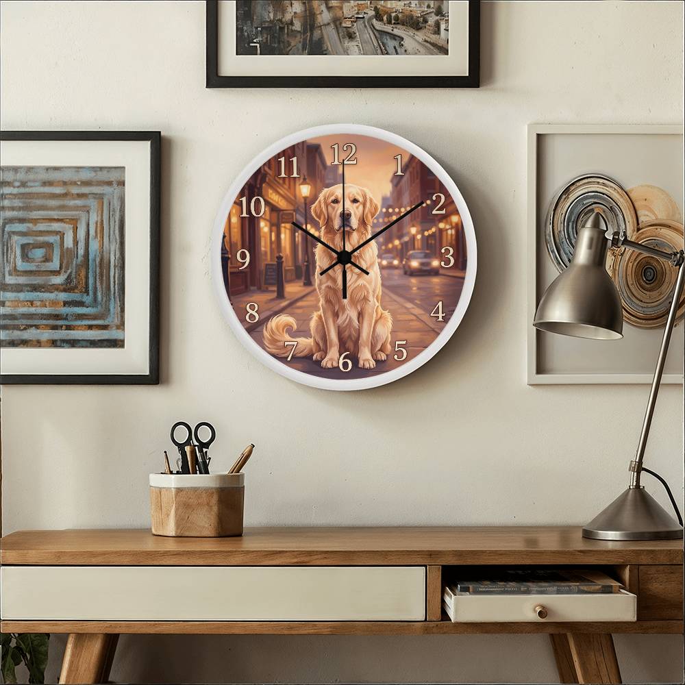 Golden Retriever Wooden Clock – "Golden Hour Street" Wall Clock