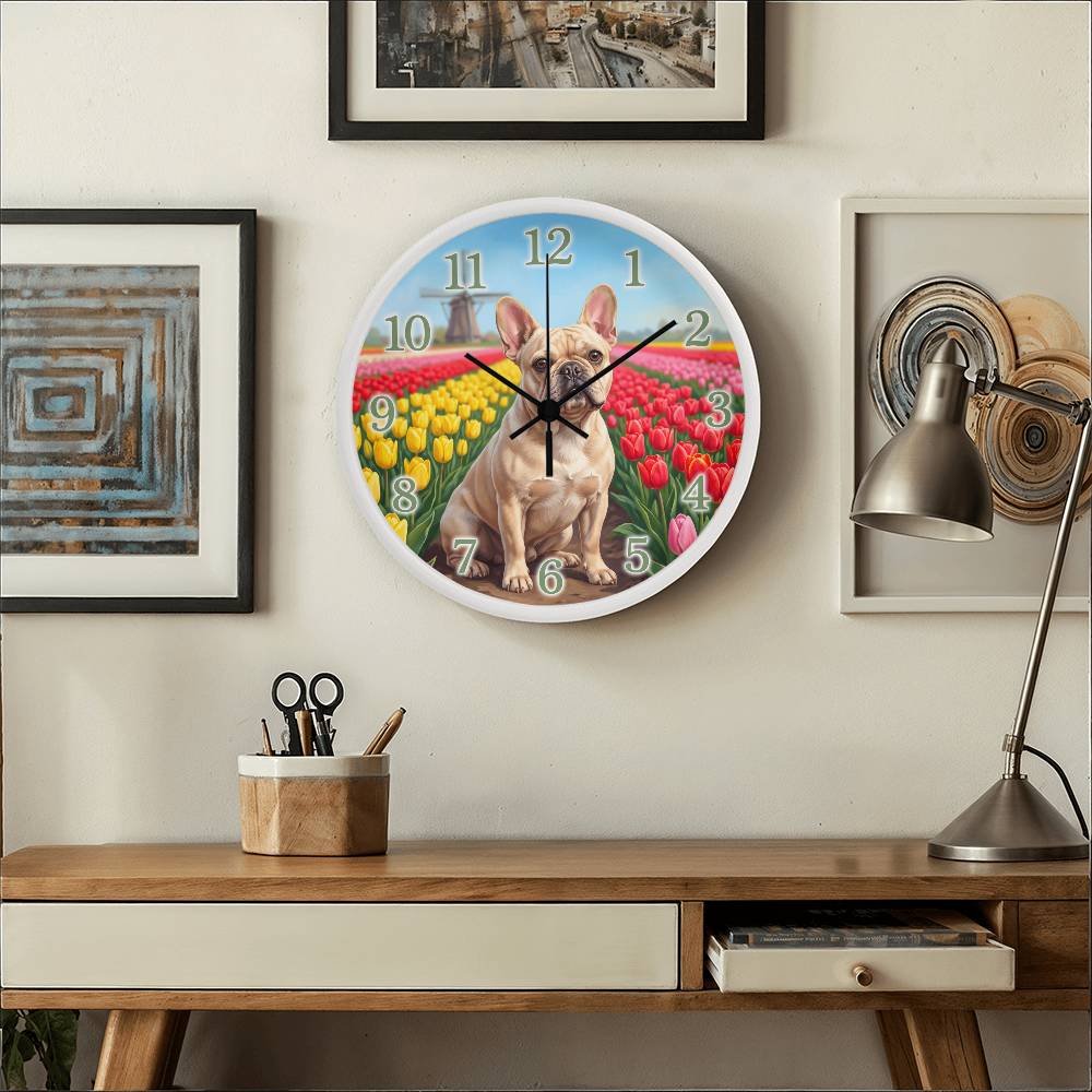 French Bulldog Wooden Clock – "Tulip Field" Wall Clock
