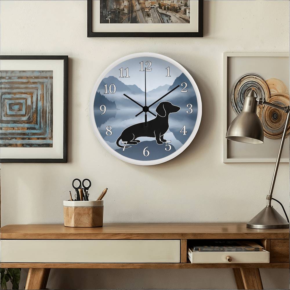 Dachshund Wooden Clock – "Misty Mountains" Wall Clock