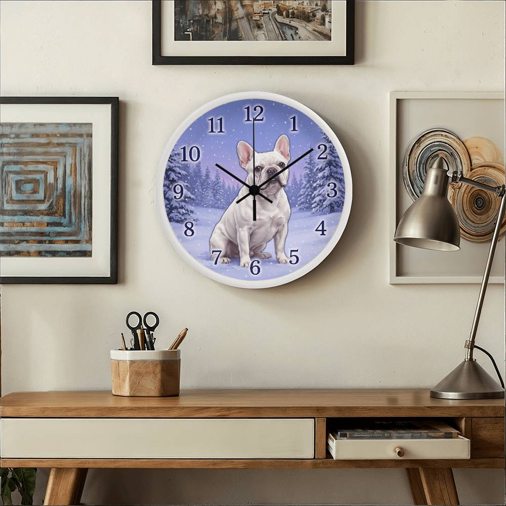 French Bulldog Wooden Clock – "Snowy Forest" White Wall Clock
