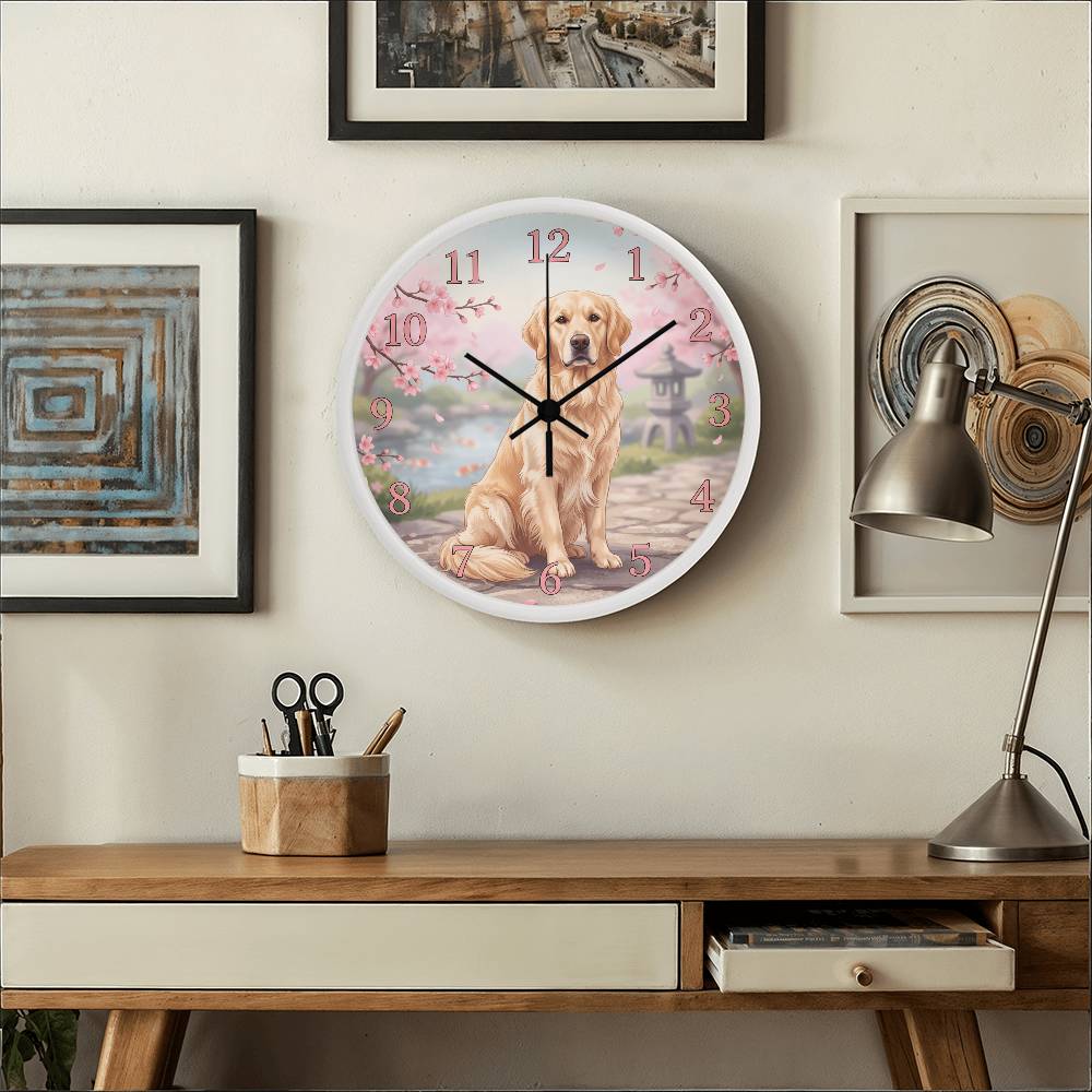 Golden Retriever Wooden Clock – "Cherry Blossom Garden" Wall Clock