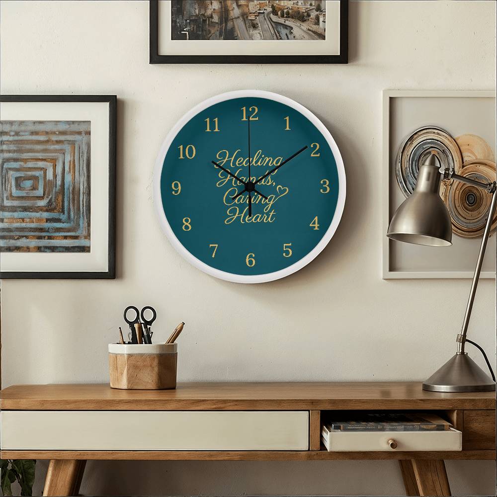 Nurse Wooden Clock – "Healing Hands, Caring Heart" Teal Gold Wall Clock