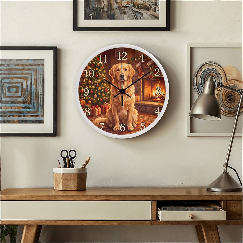 Golden Retriever Wooden Clock – "Christmas by the Fire" Wall Clock