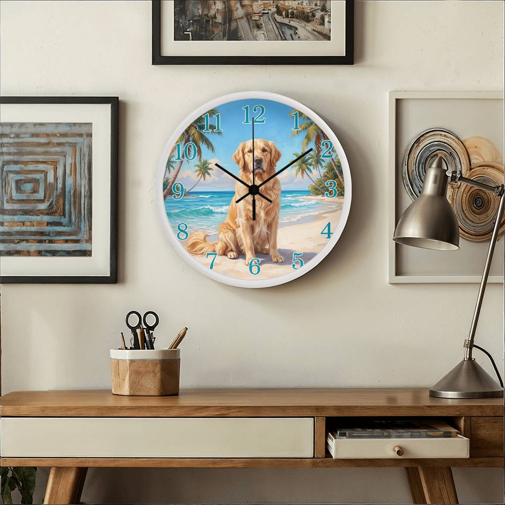 Golden Retriever Wooden Clock – "Tropical Beach" Wall Clock