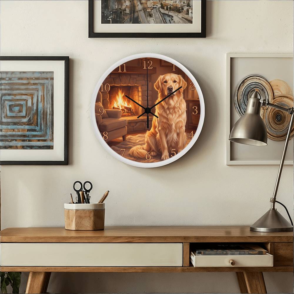 Golden Retriever Wooden Clock – "Cozy Fireside" Wall Clock
