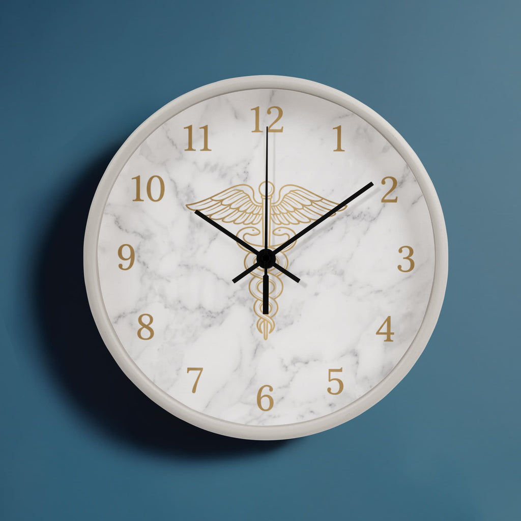 Nurse Wooden Clock – Gold Caduceus Marble Wall Clock